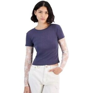 Hippie Rose Juniors’ Layered 2‑Fer Lace‑Sleeve T‑Shirt Navy Blue  NWT